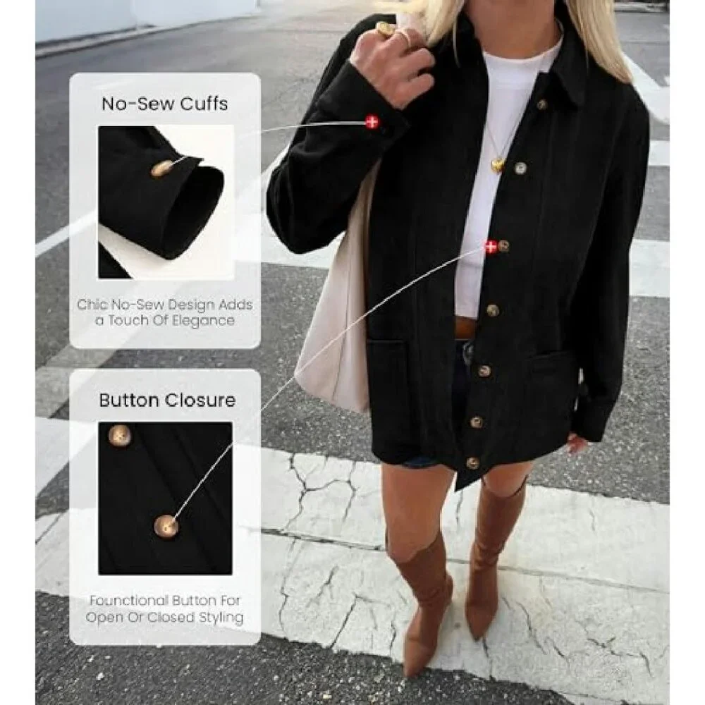 Faux Suede Button-Down Jacket Women's Size M Long Sleeve Shacket
